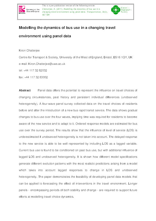 Modelling the dynamics of bus use in a changing travel environment using panel data Thumbnail