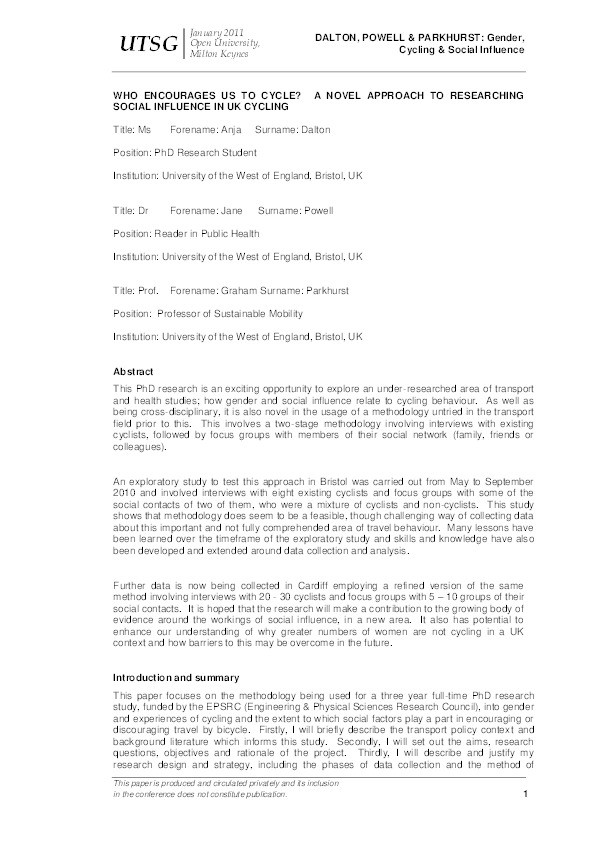 Who encourages us to cycle? A novel approach to researching social influence in UK cycling Thumbnail