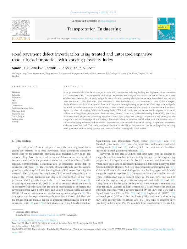 Road pavement defect investigation using treated and untreated expansive road subgrade materials with varying plasticity index Thumbnail