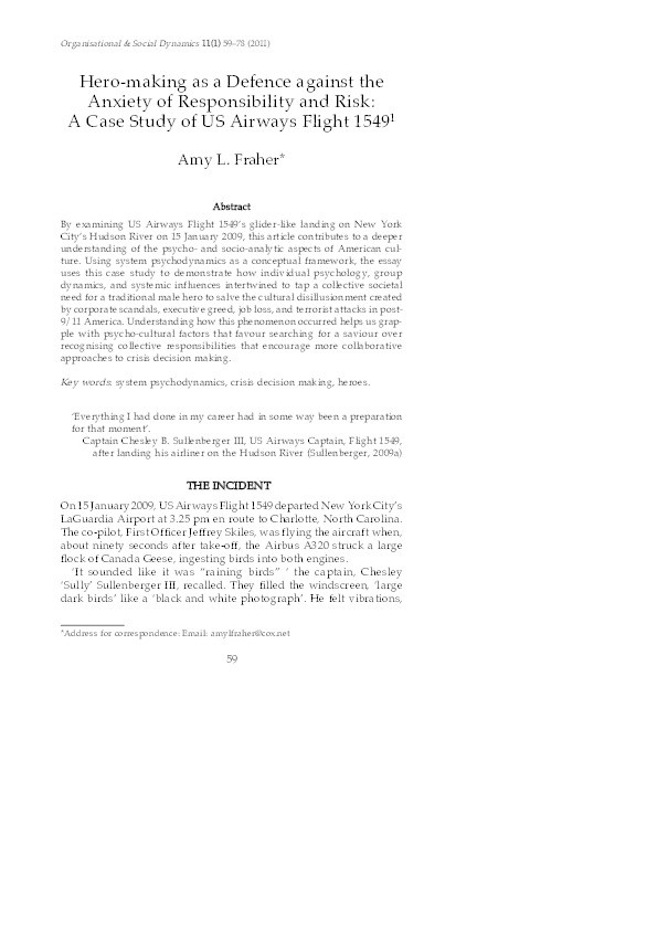 Hero-making as a defence against the anxiety of responsibility and risk: A case study of US airways flight 1549 Thumbnail