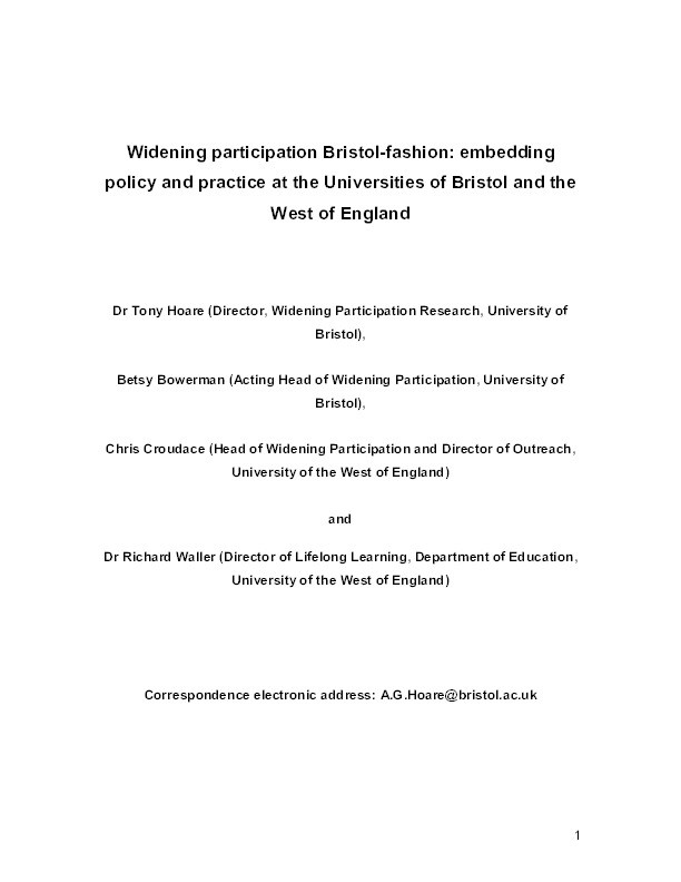 Widening participation Bristol-fashion: Embedding policy and practice at the Universities of Bristol and the West of England Thumbnail