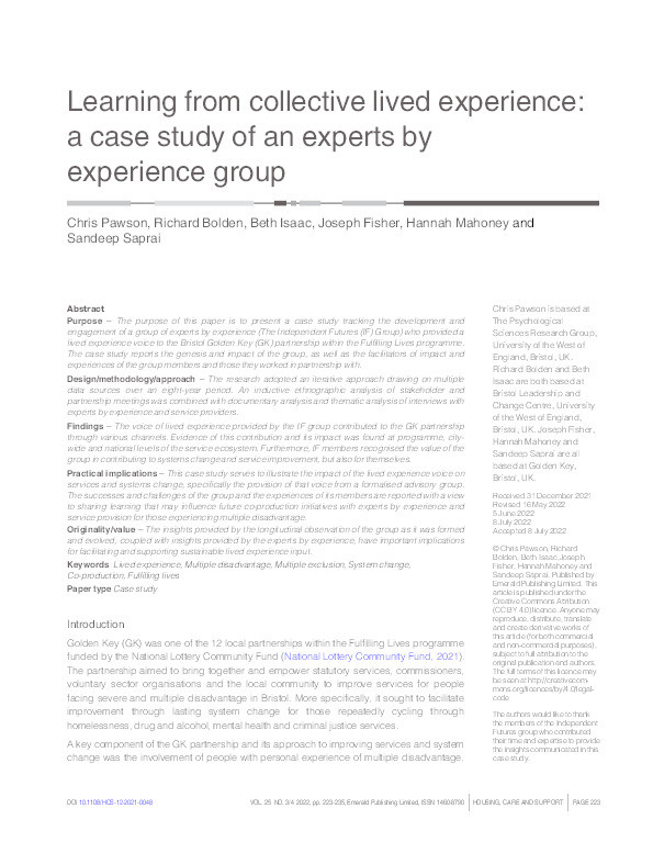 Learning from collective lived experience: A case study of an experts by experience group Thumbnail