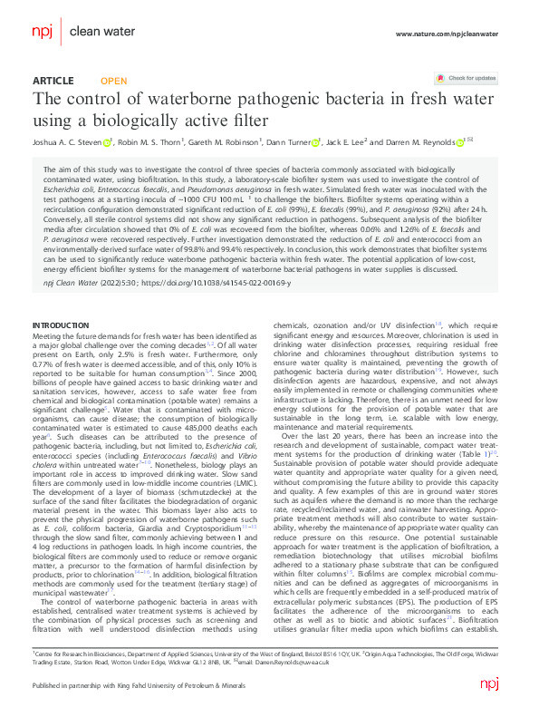 The control of waterborne pathogenic bacteria in fresh water using a biologically active filter Thumbnail
