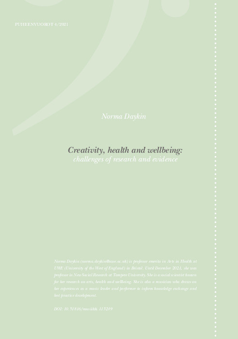 Creativity, health and wellbeing: Challenges of research and evidence Thumbnail