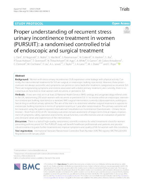Proper understanding of recurrent stress urinary incontinence treatment in women (PURSUIT): A randomised controlled trial of endoscopic and surgical treatment Thumbnail