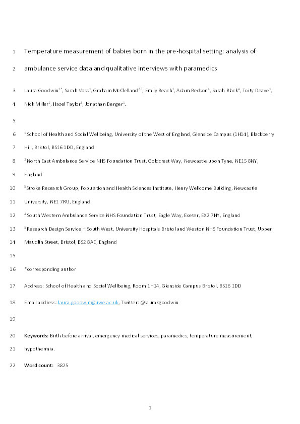 Temperature measurement of babies born in the pre-hospital setting: Analysis of ambulance service data and qualitative interviews with paramedics Thumbnail