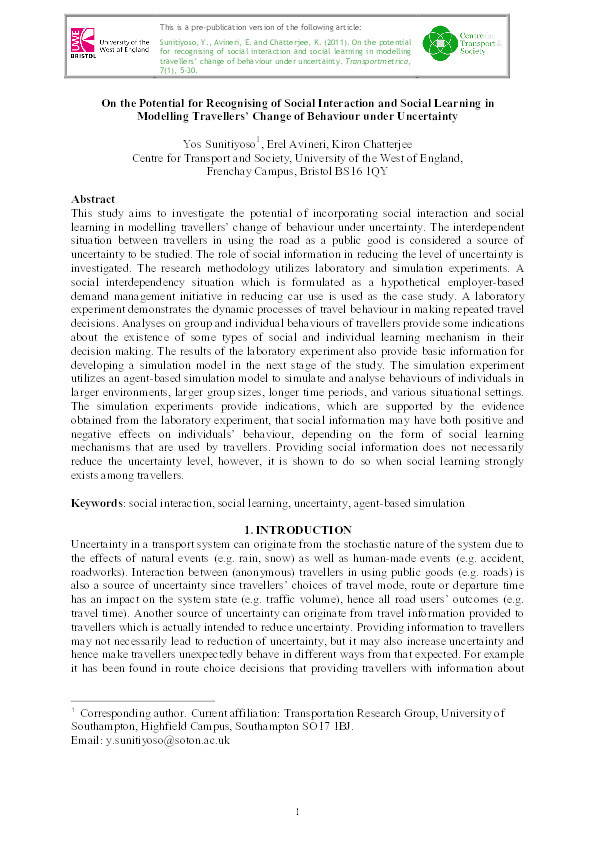 On the potential for recognising of social interaction and social learning in modelling travellers' change of behaviour under uncertainty Thumbnail