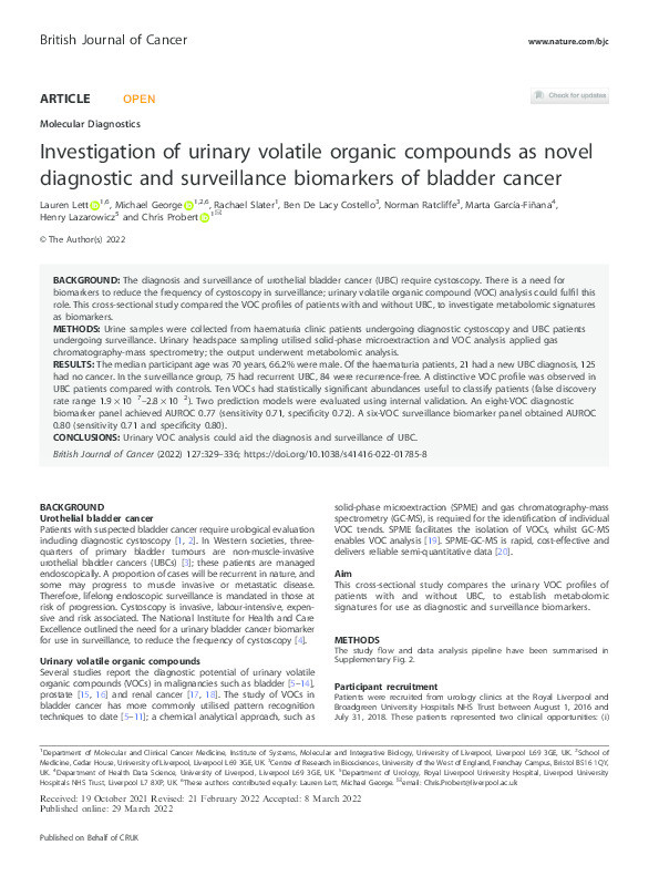 Investigation of urinary volatile organic compounds as novel diagnostic and surveillance biomarkers of bladder cancer Thumbnail