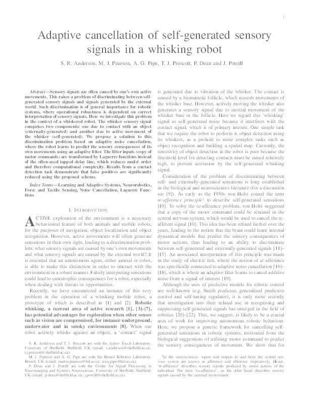 Adaptive cancelation of self-generated sensory signals in a whisking robot Thumbnail