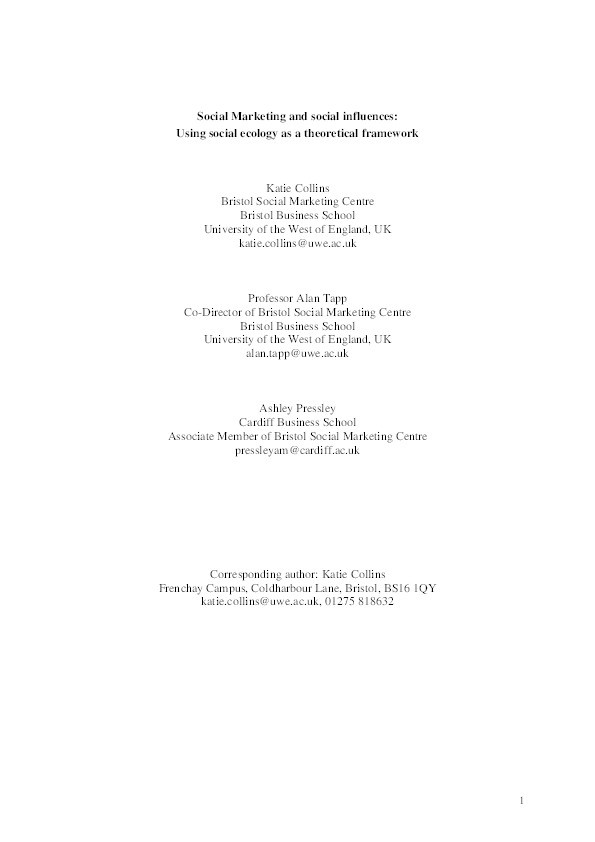 Social marketing and social influences: Using social ecology as a theoretical framework Thumbnail