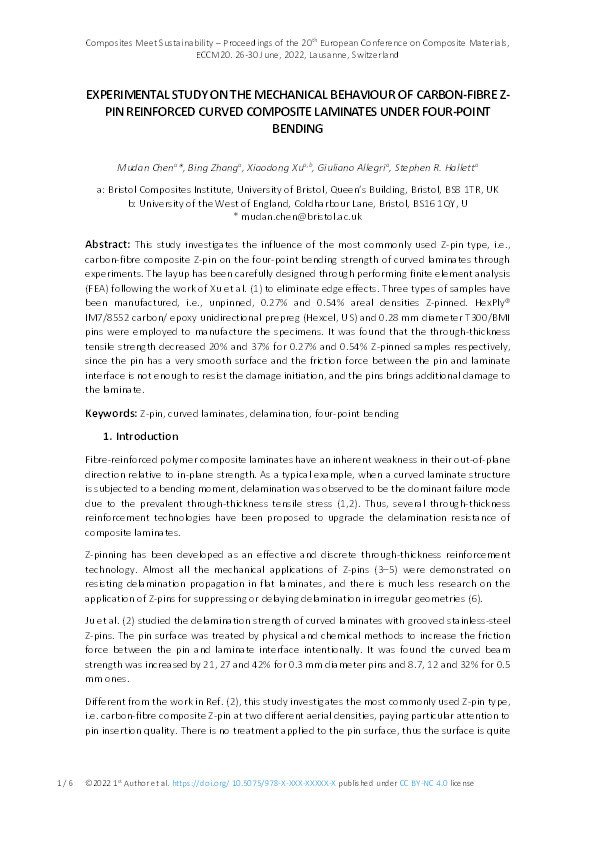 Experimental study on the mechanical behaviour of Carbon-fibre z-pin reinforced curved composite laminates under four-point bending Thumbnail