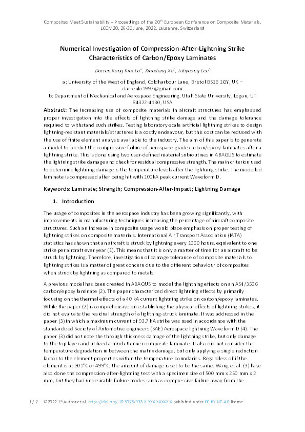 Numerical investigation of compression-after-lightning strike characteristics of Carbon/epoxy laminates Thumbnail