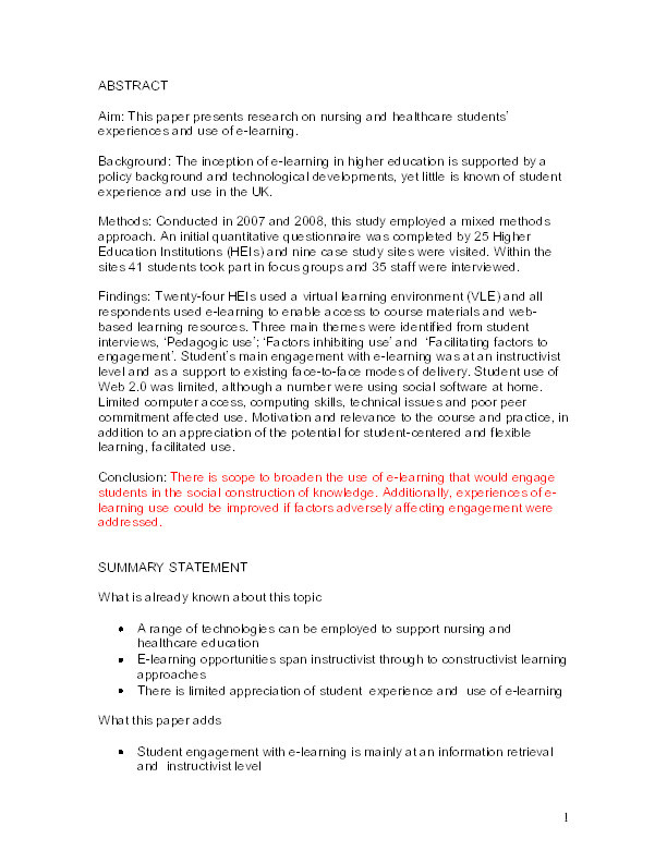 Nursing and healthcare students' experiences and use of e-learning in higher education Thumbnail