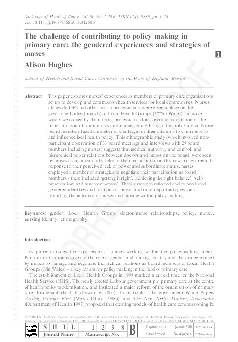 The challenge of contributing to policy making in primary care: The gendered experiences and strategies of nurses Thumbnail