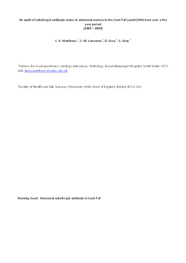 An audit of rubella IgG antibody status in antenatal women in a NHS Trust over 5 years (2005 - 2009) Thumbnail