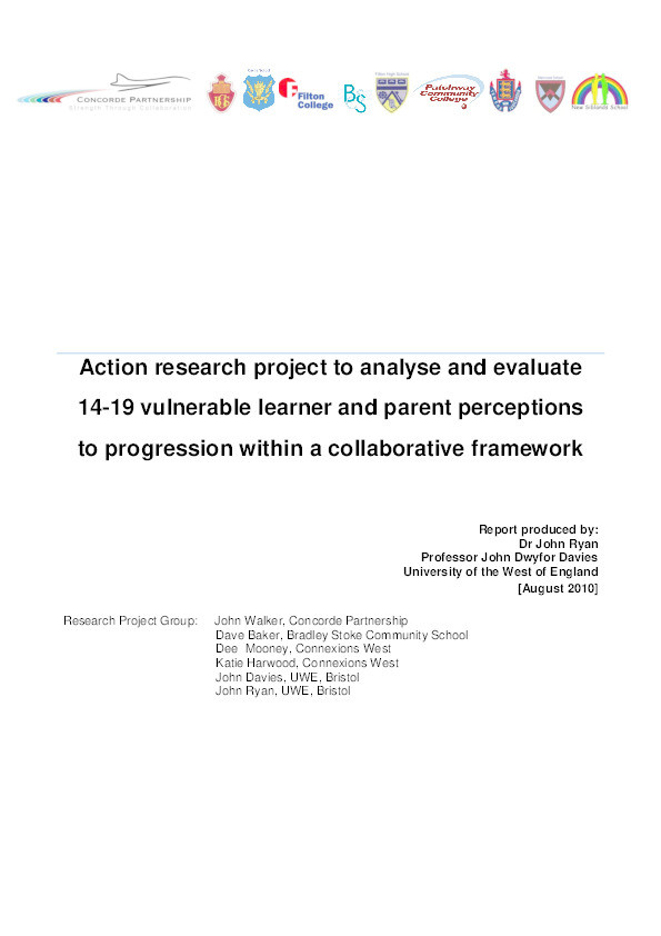 Action research project to analyse and evaluate 14-19 vulnerable learner and parent perceptions to progression within a collaborative framework Thumbnail