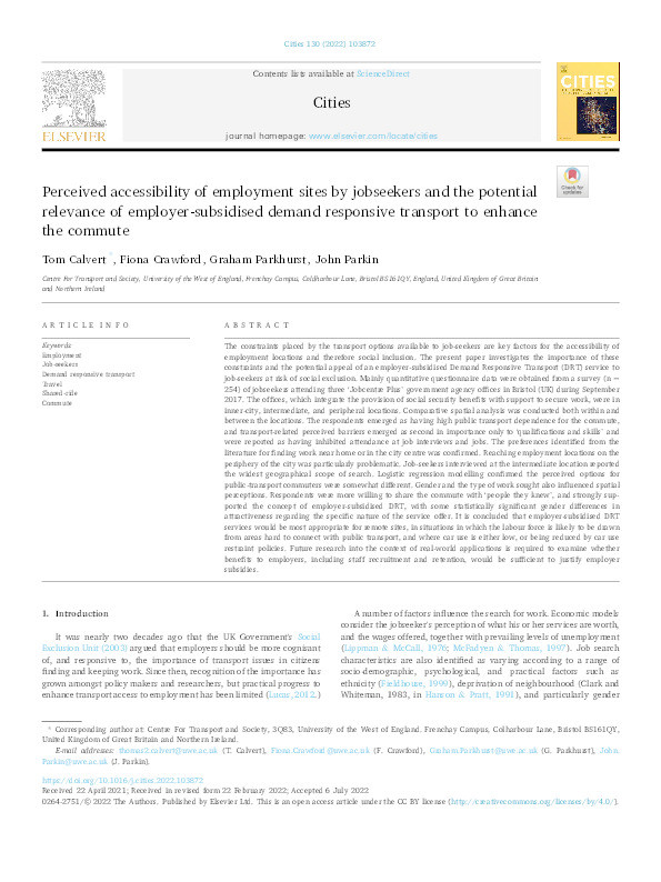 Perceived accessibility of employment sites by jobseekers and the potential relevance of employer-subsidised demand responsive transport to enhance the commute Thumbnail