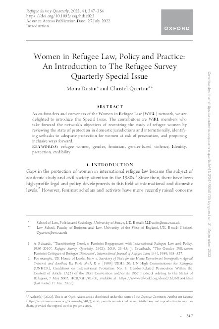 Women in refugee law, policy and practice: An introduction to the refugee survey quarterly special issue Thumbnail