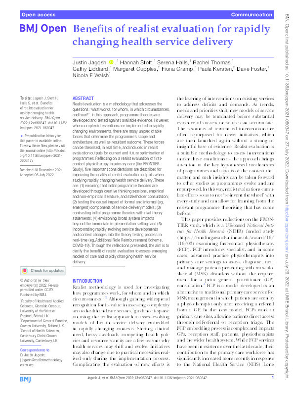 Benefits of realist evaluation for rapidly changing health service delivery Thumbnail