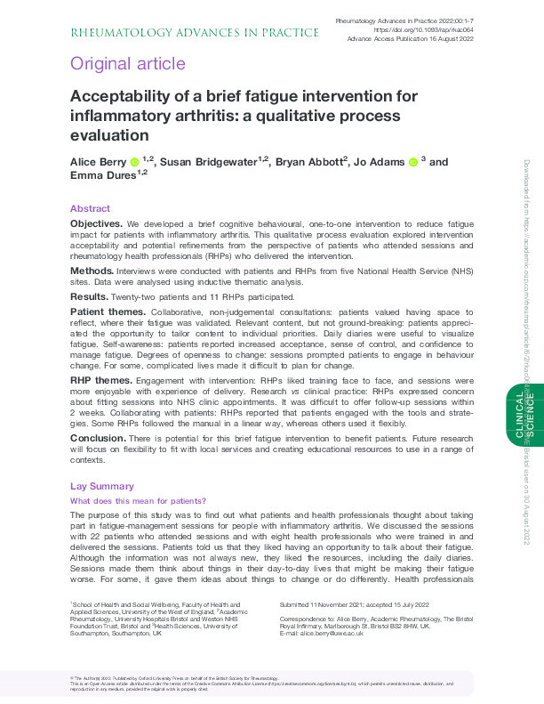 Acceptability of a brief fatigue intervention for inflammatory arthritis: A qualitative process evaluation Thumbnail