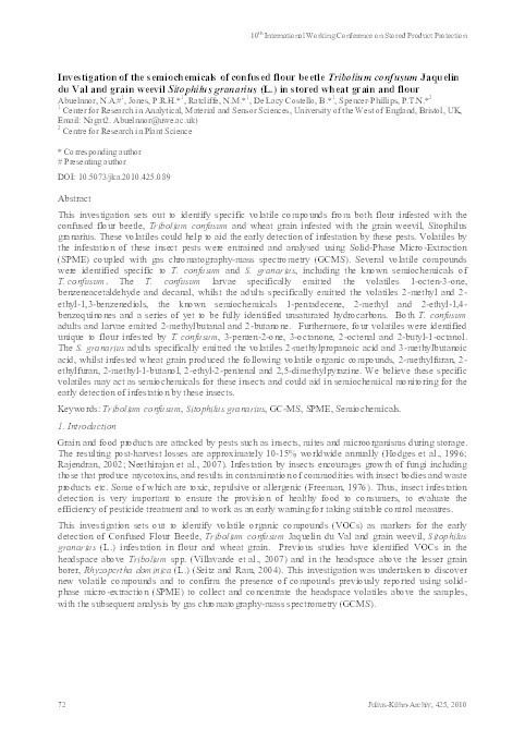 Investigation of the semiochemicals of confused flour beetle Tribolium confusum Jaquelin du Val and grain weevil Sitophilus granarius (L.) in stored wheat grain and flour Thumbnail