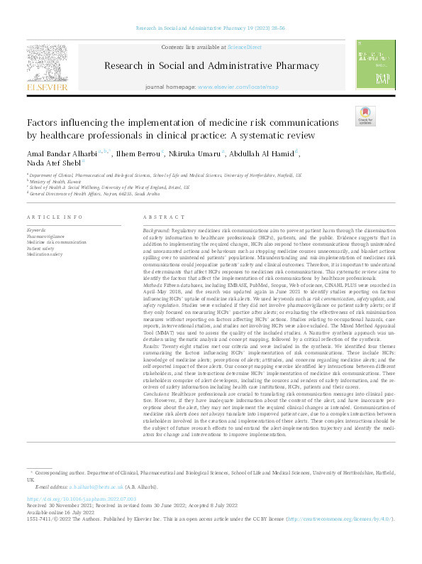 Factors influencing the implementation of medicine risk communications by healthcare professionals in clinical practice: A systematic review Thumbnail