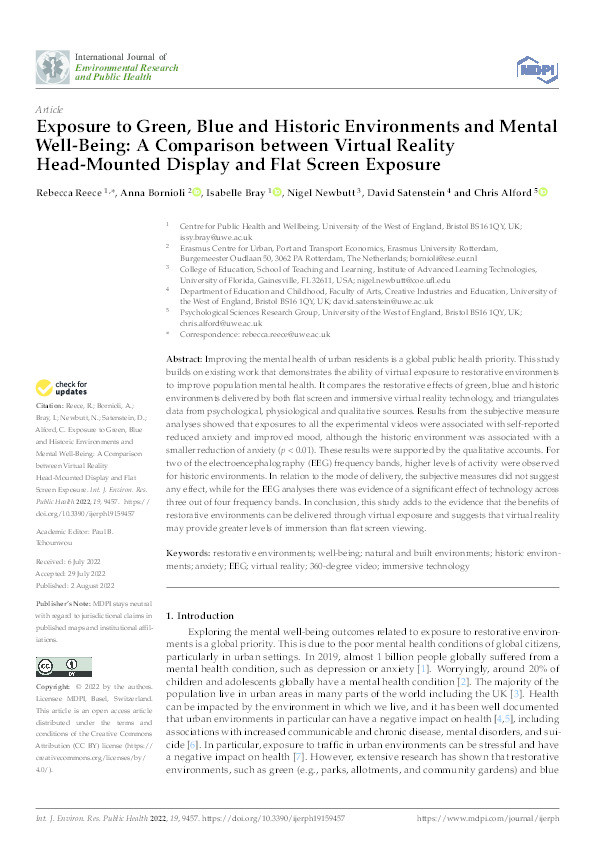 Exposure to green, blue and historic environments and mental well-being: A comparison between virtual reality head-mounted display and flat screen exposure Thumbnail