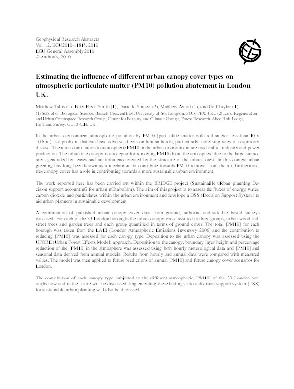 Estimating the influence of different urban canopy cover types on atmospheric particulate matter (PM10) pollution abatement in London, UK Thumbnail