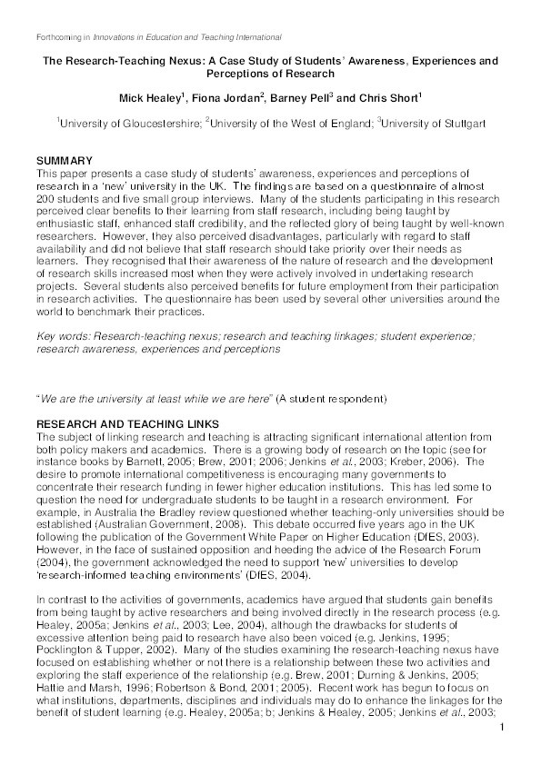 The research-teaching nexus: A case study of students' awareness, experiences and perceptions of research Thumbnail