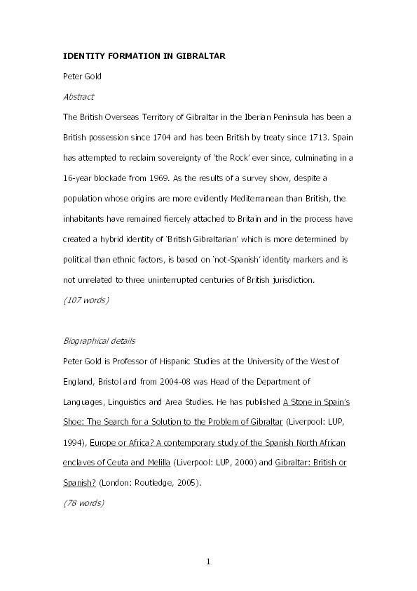 Identity formation in Gibraltar: Geopolitical, historical and cultural factors Thumbnail