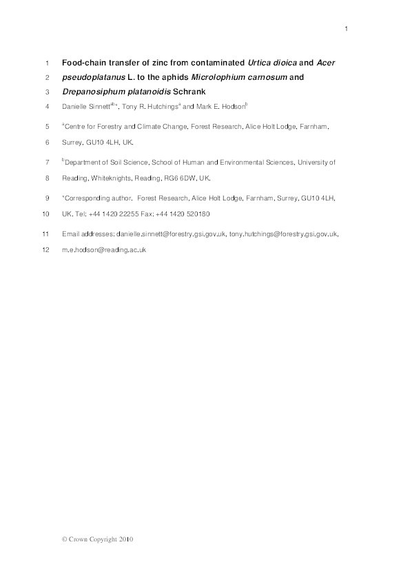 Food-chain transfer of zinc from contaminated Urtica dioica and Acer pseudoplatanus L. to the aphids Microlophium carnosum and Drepanosiphum platanoidis Schrank Thumbnail