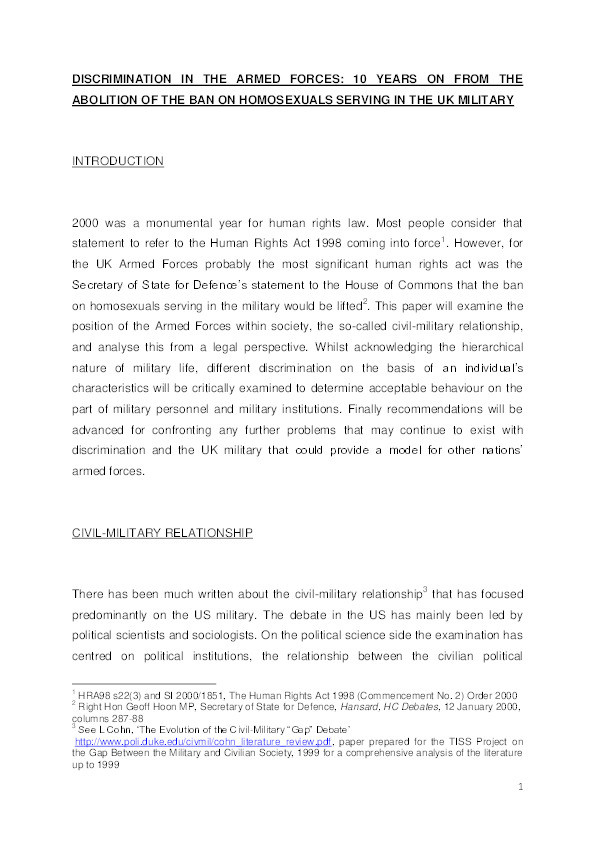 Discrimination in the armed forces: 10 years on from the abolition of the ban on homosexuals serving in the UK military Thumbnail