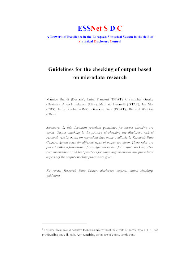 Guidelines for the checking of output based on microdata research Thumbnail
