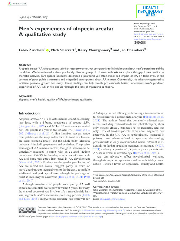 Men’s experiences of alopecia areata: A qualitative study Thumbnail