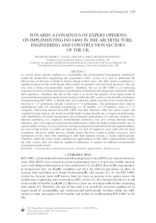 Towards a consensus of expert opinions on implementing ISO 14001 in the architecture, engineering and construction sectors of the UK Thumbnail