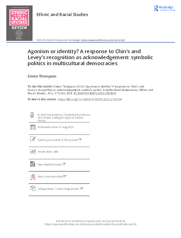 Agonism or identity? A response to Chin’s and Levey’s recognition as acknowledgement: Symbolic politics in multicultural democracies Thumbnail