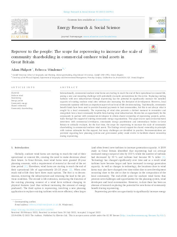 Repower to the people: The scope for repowering to increase the scale of community shareholding in commercial onshore wind assets in Great Britain Thumbnail
