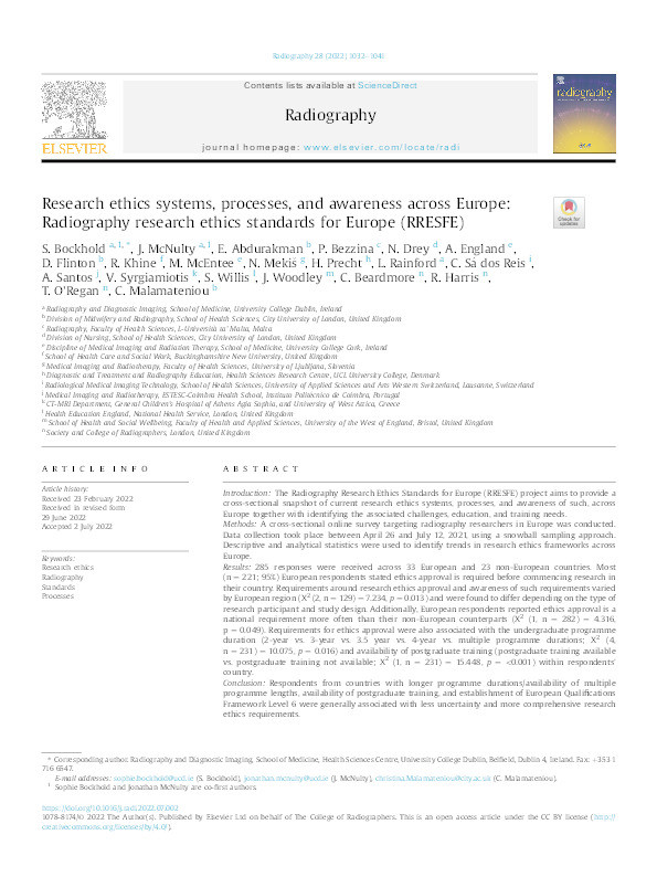 Research ethics systems, processes, and awareness across Europe: Radiography research ethics standards for Europe (RRESFE) Thumbnail