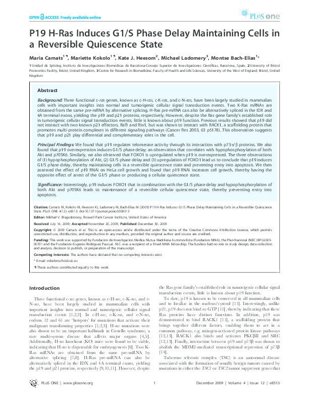 P19 H-ras induces G1/S phase delay maintaining cells in a reversible quiescence state Thumbnail