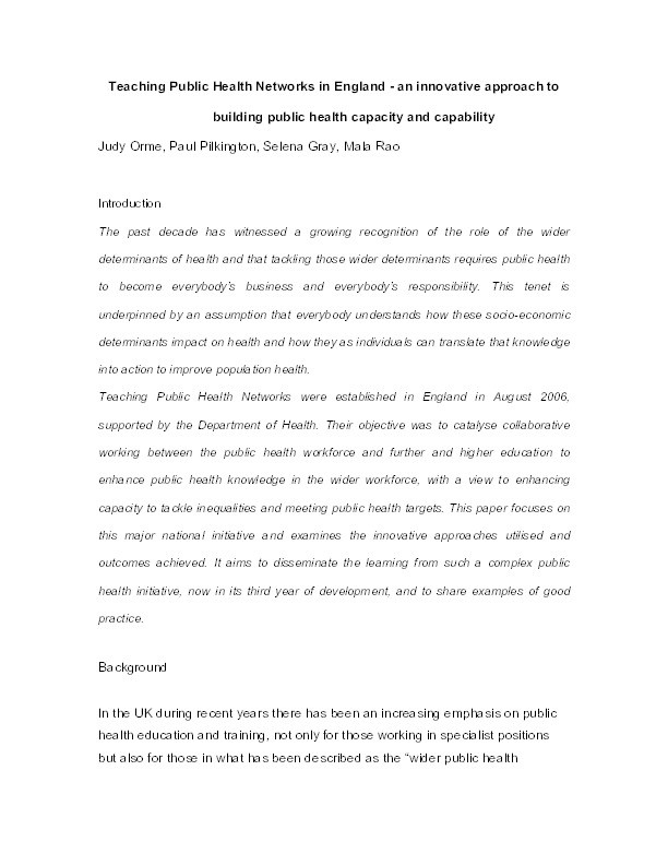 Teaching Public Health Networks in England: An innovative approach to building public health capacity and capability Thumbnail