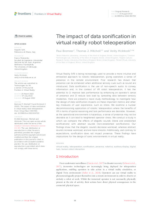 The impact of data sonification in virtual reality robot teleoperation Thumbnail