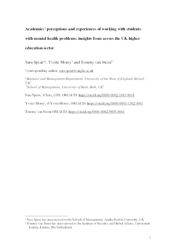 Academics’ perceptions and experiences of working with students with mental health problems: Insights from across the UK higher education sector Thumbnail