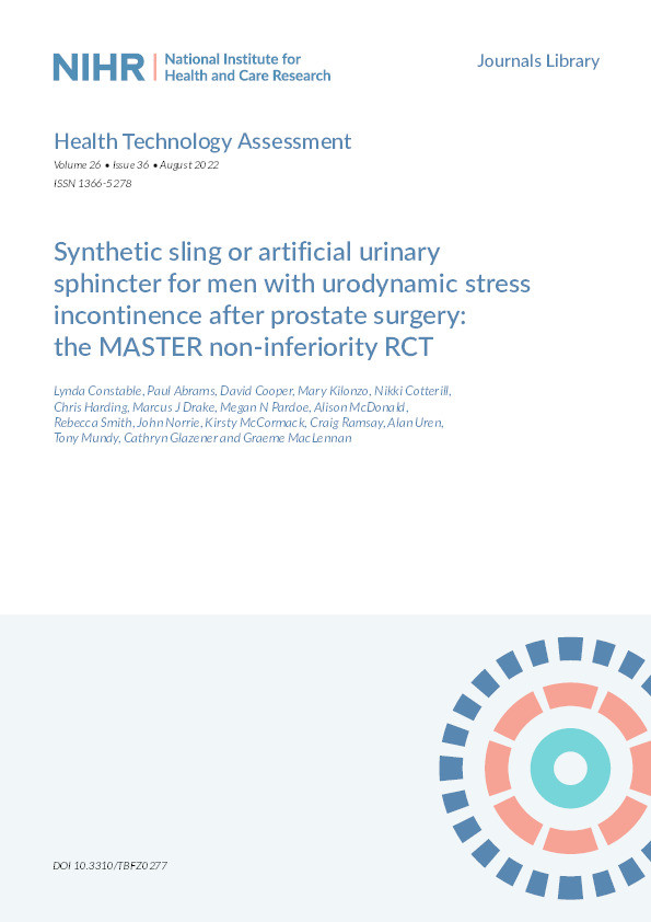 Synthetic sling or artificial urinary sphincter for men with urodynamic stress incontinence after prostate surgery: The MASTER non-inferiority RCT Thumbnail