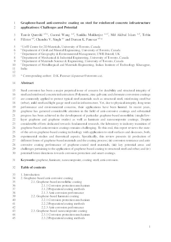 Graphene-based anti-corrosive coating on steel for reinforced concrete infrastructure applications: Challenges and potential Thumbnail