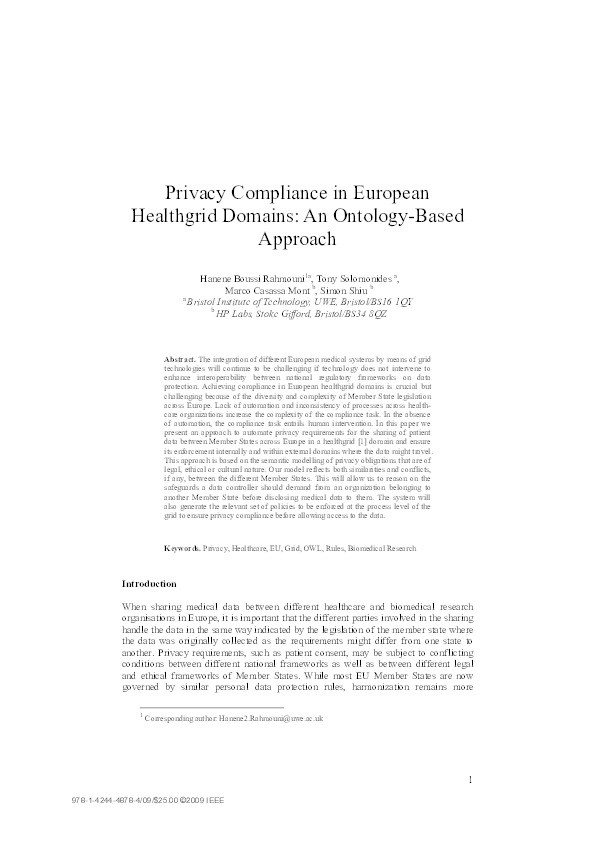 Privacy compliance in European healthgrid domains: an ontology-based approach Thumbnail