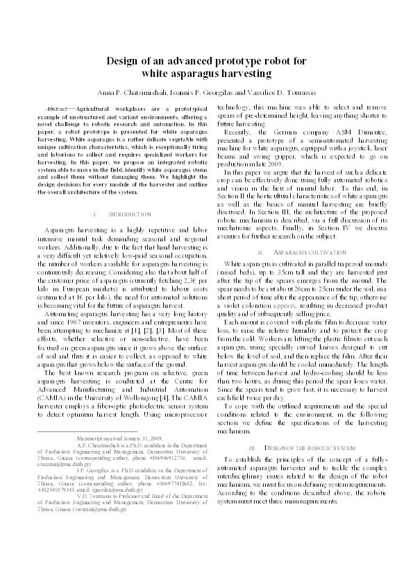 Design of an advanced prototype robot for white asparagus harvesting Thumbnail