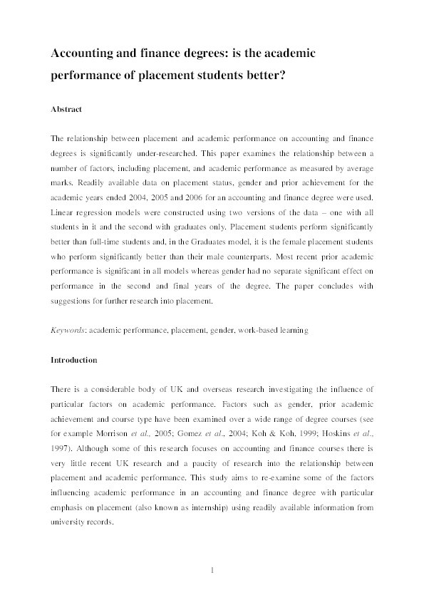 Accounting and finance degrees: Is the academic performance of placement students better? Thumbnail