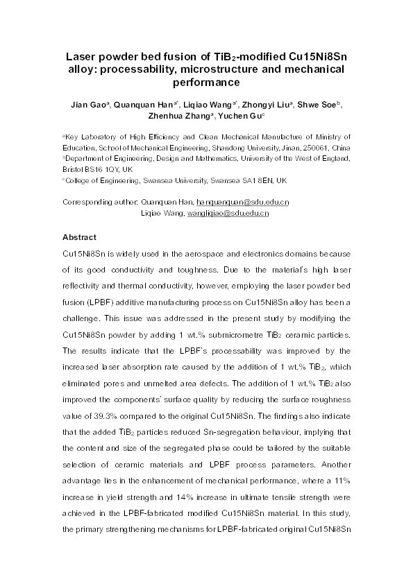 Laser powder bed fusion of TiB2-modified Cu15Ni8Sn alloy: Processability, microstructure and mechanical performance Thumbnail