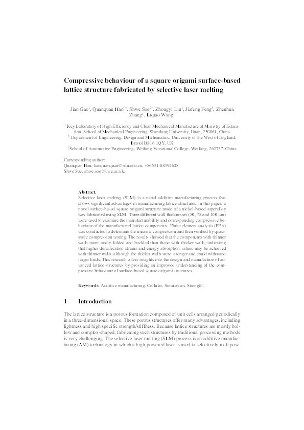 Compressive behaviour of a square origami surface-based lattice structure fabricated by selective laser melting Thumbnail