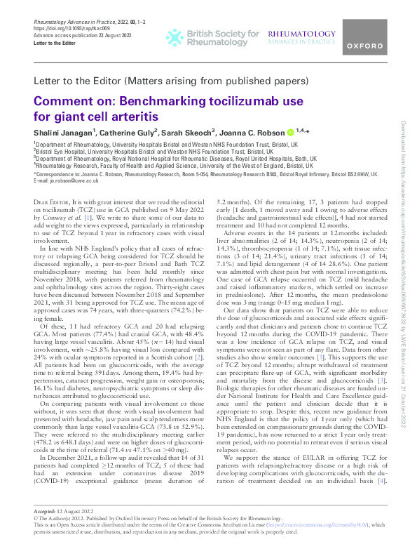 Comment on: Benchmarking tocilizumab use for giant cell arteritis Thumbnail